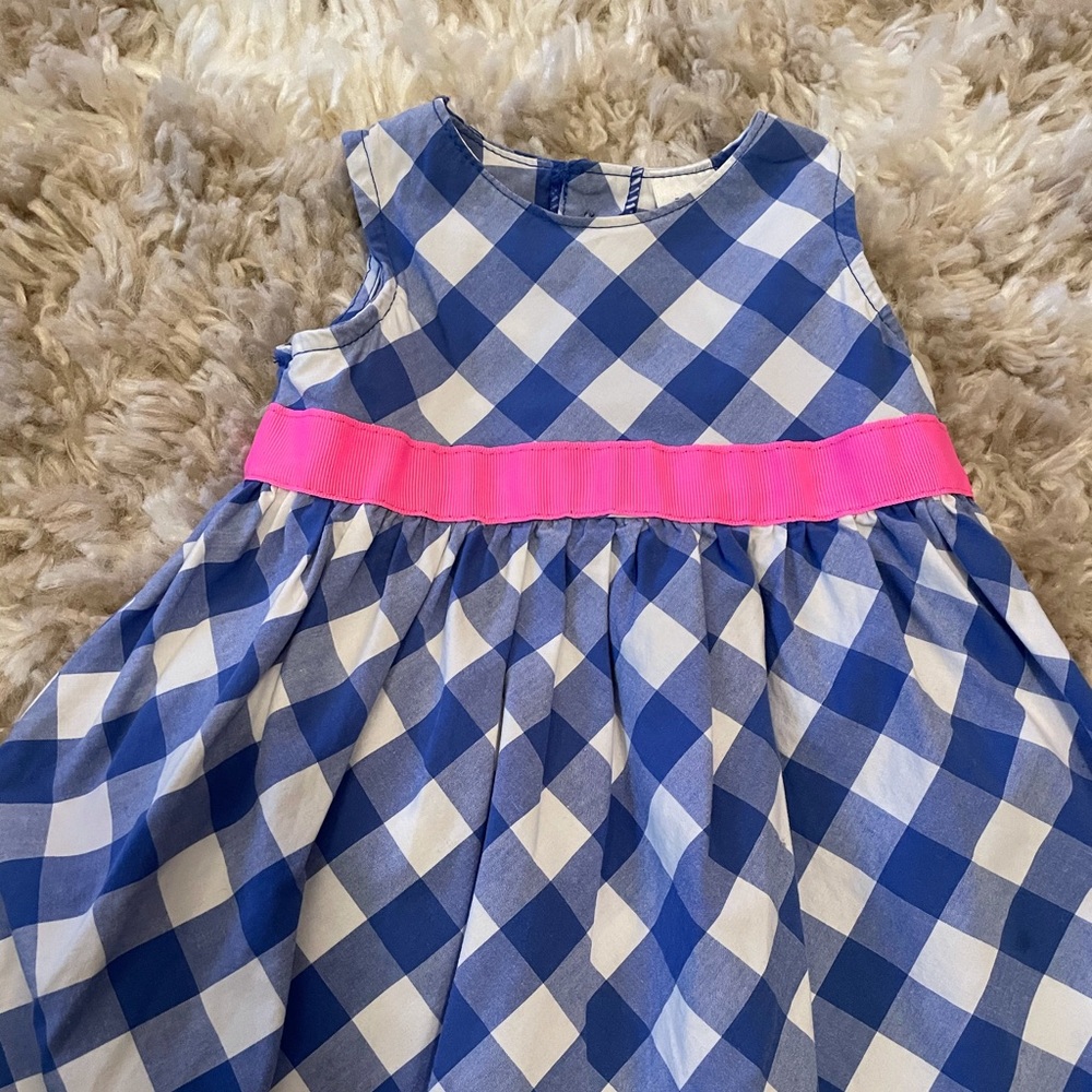 5 for $20-Carter’s blue & white plaid cotton dress w/hot pink ribbon-Size 3-6 mo